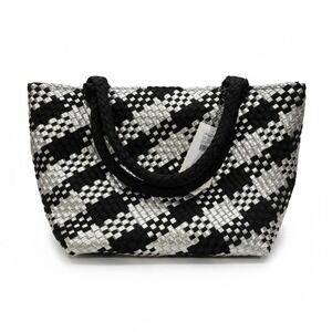 WILD FOX‎ Woven Tote Bag Black Silver Houndstooth Large Shopper Beach Bag
